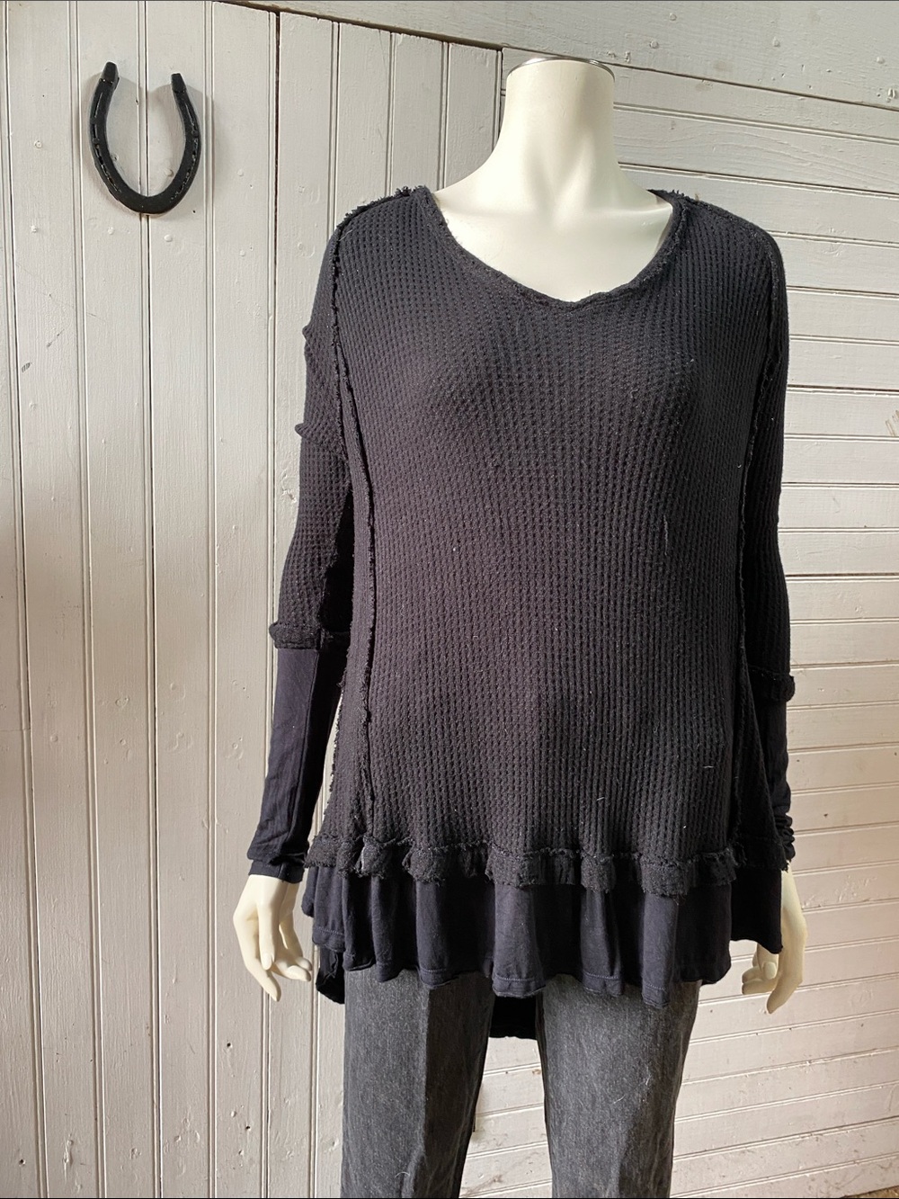We The Free Black Waffle-Knit Ruffle Hem Tunic